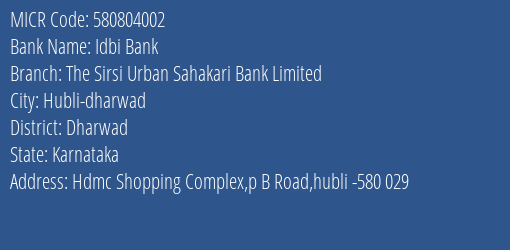 The Sirsi Urban Sahakari Bank Limited Hubli Dharwad MICR Code
