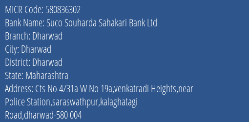 Suco Souharda Sahakari Bank Ltd Dharwad MICR Code