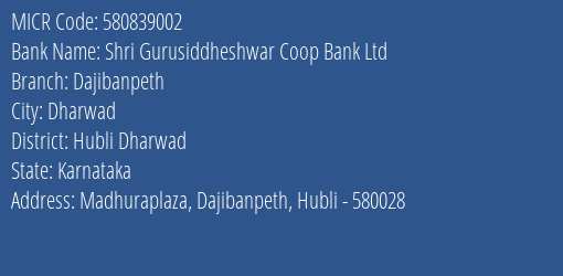 Shri Gurusiddheshwar Coop Bank Ltd Dajibanpeth MICR Code