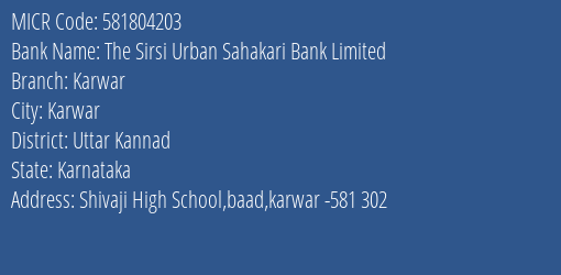 Idbi Bank The Sirsi Urban Sahakari Bank Limited Branch Address Details and MICR Code 581804203