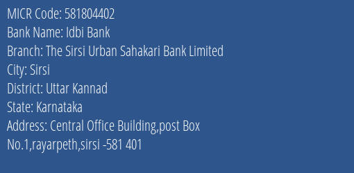 Idbi Bank The Sirsi Urban Sahakari Bank Limited Branch Address Details and MICR Code 581804402