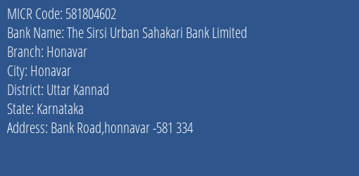 Idbi Bank The Sirsi Urban Sahakari Bank Limited Branch Address Details and MICR Code 581804602