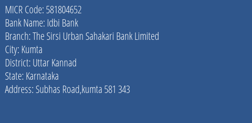 Idbi Bank The Sirsi Urban Sahakari Bank Limited Branch Address Details and MICR Code 581804652