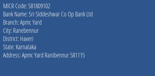 Sri Siddeshwar Co Op Bank Ltd Apmc Yard MICR Code
