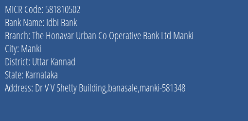 Idbi Bank The Honavar Urban Co Operative Bank Ltd Manki Branch Address Details and MICR Code 581810502