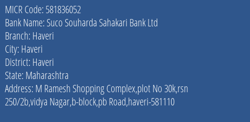 Suco Souharda Sahakari Bank Ltd Haveri MICR Code