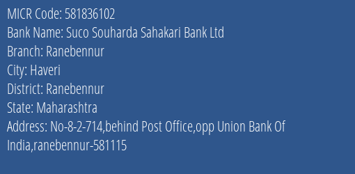 Suco Souharda Sahakari Bank Ltd Ranebennur MICR Code