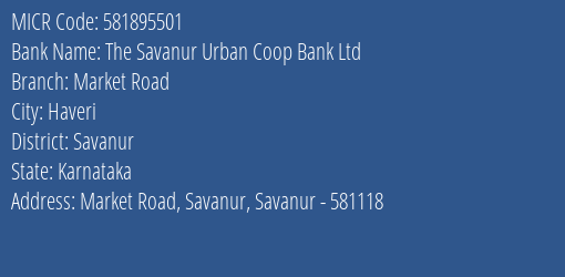 The Savanur Urban Coop Bank Ltd Market Road MICR Code