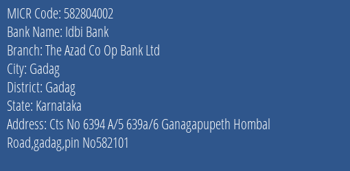 The Azad Co Op Bank Ltd Ganagapu Peth MICR Code