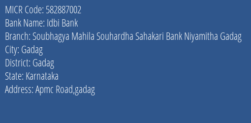 Soubhagya Mahila Souhardha Sahakari Bank Niyamitha Gadag Gadag MICR Code