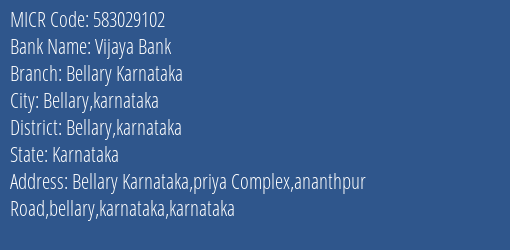 Vijaya Bank Bellary Karnataka MICR Code