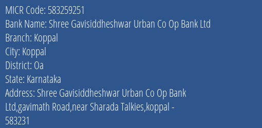 Shree Gavisiddheshwar Urban Co Op Bank Ltd Koppal MICR Code