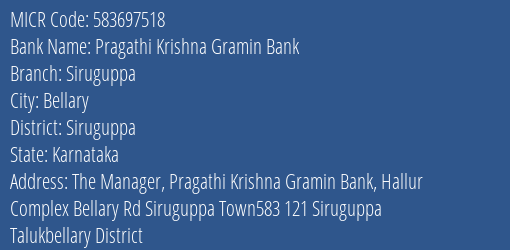 Pragathi Krishna Gramin Bank Siruguppa Branch Address Details and MICR Code 583697518