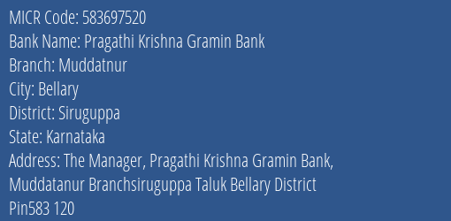 Pragathi Krishna Gramin Bank Muddatnur Branch Address Details and MICR Code 583697520