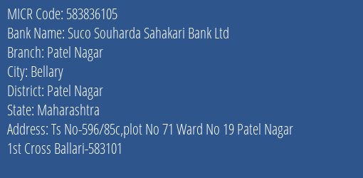 Suco Souharda Sahakari Bank Ltd Patel Nagar MICR Code