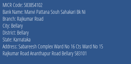 Manvi Pattana Souh Sahakari Bk Ni Rajkumar Road MICR Code
