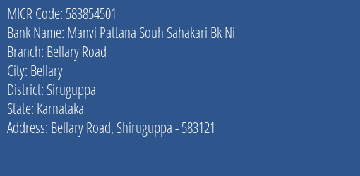 Manvi Pattana Souh Sahakari Bk Ni Bellary Road MICR Code