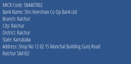 Shri Veershaiv Co Op Bank Ltd Raichur MICR Code