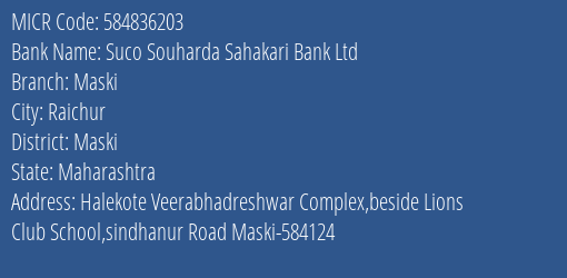 Suco Souharda Sahakari Bank Ltd Maski MICR Code