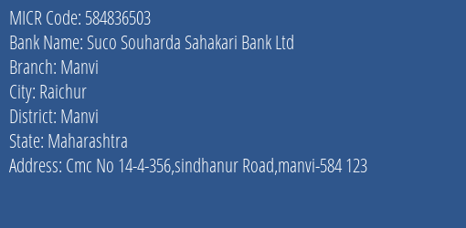 Suco Souharda Sahakari Bank Ltd Manvi MICR Code
