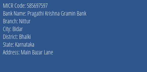Pragathi Krishna Gramin Bank Nittur Branch Address Details and MICR Code 585697597