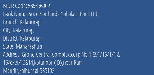 Suco Souharda Sahakari Bank Ltd Kalaburagi MICR Code