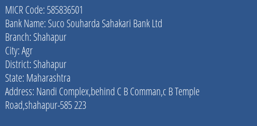 Suco Souharda Sahakari Bank Ltd Shahapur MICR Code