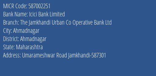 The Jamkhandi Urban Co Operative Bank Ltd Ahmadnagar MICR Code