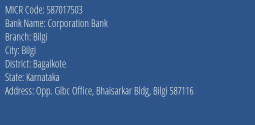 Corporation Bank Bilgi MICR Code