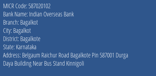 Indian Overseas Bank Bagalkot MICR Code