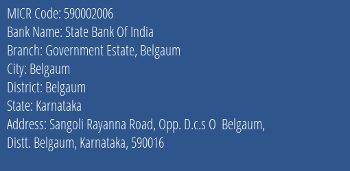 State Bank Of India Government Estate Belgaum MICR Code