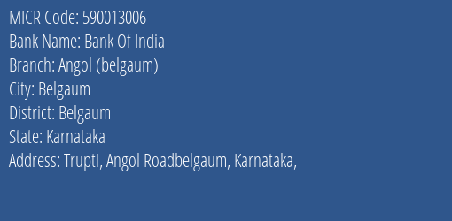 Bank Of India Angol (belgaum) MICR Code