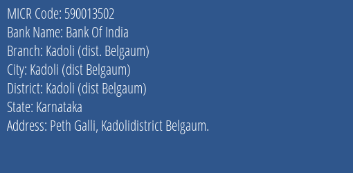 Bank Of India Kadoli Dist. Belgaum MICR Code