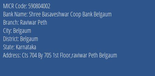 Shree Basaveshwar Coop Bank Belgaum Raviwar Peth MICR Code