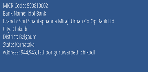Shri Shantappanna Miraji Urban Co Op Bank Ltd Chikodi MICR Code