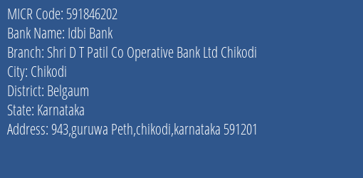 Shri D T Patil Co Operative Bank Ltd Chikodi MICR Code