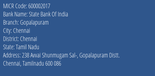 State Bank Of India Gopalapuram Branch Address Details and MICR Code 600002017
