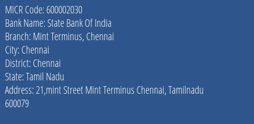 State Bank Of India Mint Terminus Chennai Branch Address Details and MICR Code 600002030