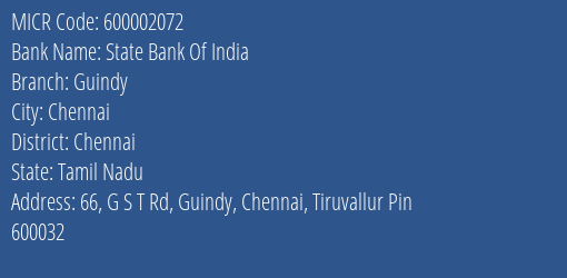 State Bank Of India Guindy Branch Address Details and MICR Code 600002072