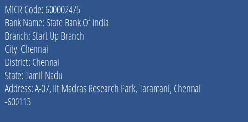 State Bank Of India Start Up Branch Branch Address Details and MICR Code 600002475