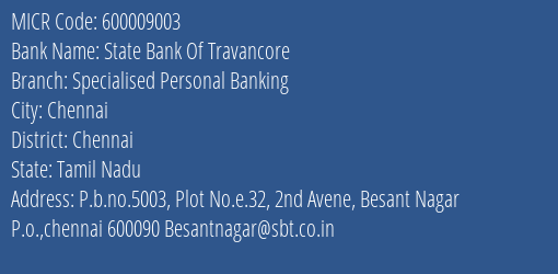 State Bank Of Travancore Specialised Personal Banking MICR Code