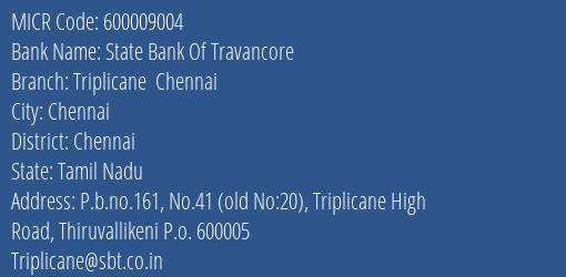 State Bank Of Travancore Triplicane Chennai MICR Code