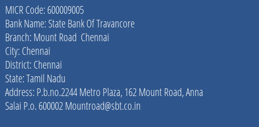 State Bank Of Travancore Mount Road Chennai MICR Code