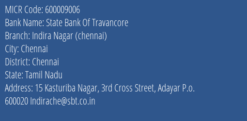 State Bank Of Travancore Indira Nagar Chennai MICR Code