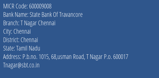 State Bank Of Travancore T Nagar Chennai MICR Code