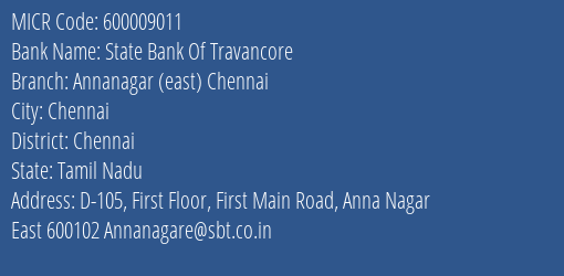 State Bank Of Travancore Annanagar East Chennai MICR Code