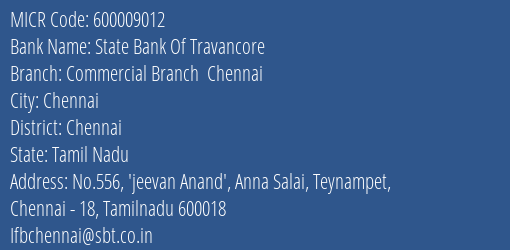 State Bank Of Travancore Commercial Branch Chennai MICR Code