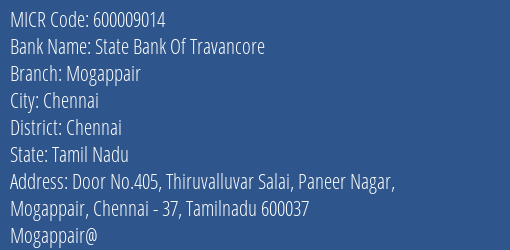 State Bank Of Travancore Mogappair MICR Code