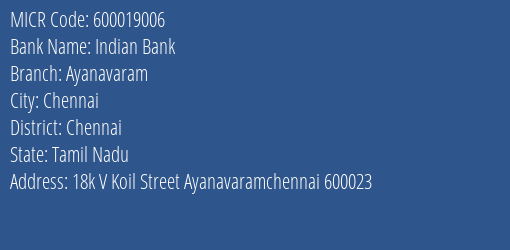 Indian Bank Ayanavaram MICR Code
