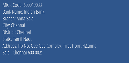 Indian Bank Anna Salai MICR Code
